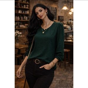 DKNY Emerald Green Blouse Puff Sleeve Elegant Minimalist Chic Satin Textured NWT